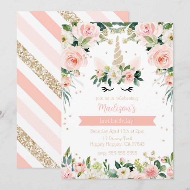 Invitation Anniversaire rose licorne fille (Devant / Derrière)