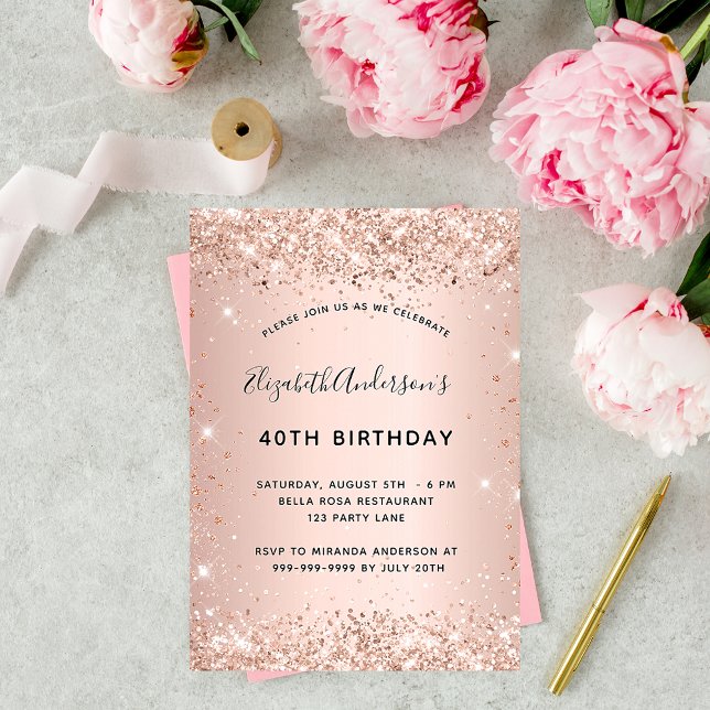 Invitation Anniversaire rose or blush parties scintillant gla (Créateur téléchargé)