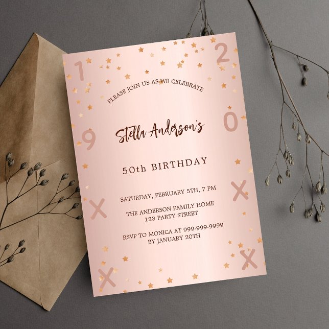 Invitation Anniversaire rose or étoiles année luxe (Créateur téléchargé)
