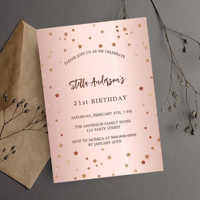 Invitation Anniversaire rose or étoiles élégant simple fête (Créateur téléchargé)