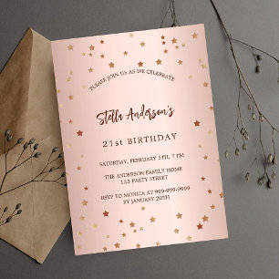 Invitation Anniversaire rose or étoiles simple luxe
