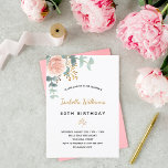 Invitation Anniversaire rose or eucalyptus verdure fleurie<br><div class="desc">Une invitation élégante pour une fête d'anniversaire de 50ème (ou tout âge). Un arrière - plan blanc chic. Décoré d'or rose et de rose pastel rose vif, de fleurs roses, de feuilles d'eucalyptus verts, de sprigs, de verdure et d'une fausse feuille d'or. Personnalisez et le nom et les détails du...</div>