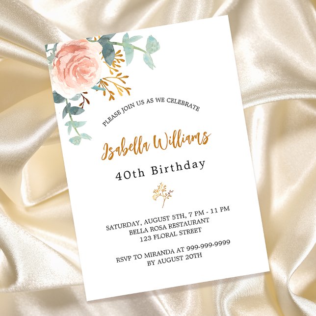Invitation Anniversaire rose or fleuri eucalyptus luxe (Créateur téléchargé)