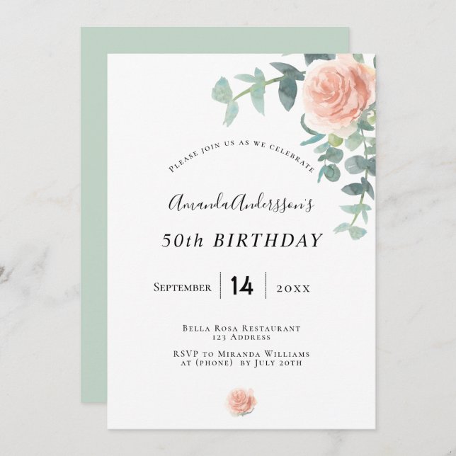 Invitation Anniversaire rose or fleuri geenergeen blanc éléga (Devant / Derrière)