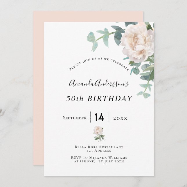 Invitation Anniversaire rose or floral blanchir élégance (Devant / Derrière)