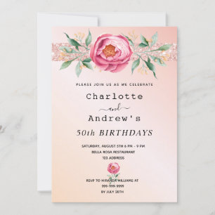 Invitation Anniversaire rose or parties scintillant floral de