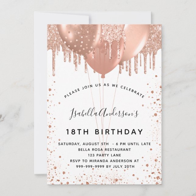 Invitation Anniversaire rose or parties scintillant poussière (Devant)