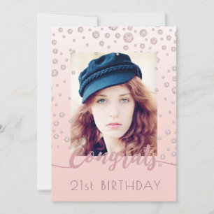 Invitation Anniversaire rose or photo diamants glam