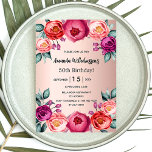 Invitation Anniversaire rose or rose rose rose violet luxe fl<br><div class="desc">Une carte d'invitation élégante pour une fête d'anniversaire de 50e (ou tout âge). Avec des fleurs contemporaines couleur rose vif, violet et or rose, colorées d'eau, les fleurs comme décoration. Un arrière - plan chic rose en dégradé d'or. Le nom est écrit avec un script de style écrit main noire....</div>