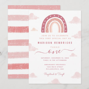 Invitation Anniversaire Rose Pâle Arc-en-Ciel et Nuages Chic