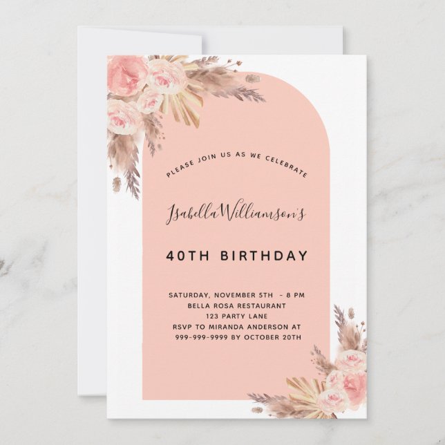 Invitation Anniversaire rose pâle pampas herbe or rose (Devant)