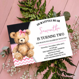 Invitation Anniversaire rose petit ours Chevron rose Teddy ou
