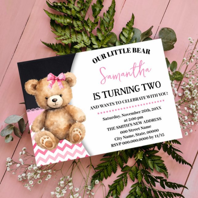 Invitation Anniversaire rose petit ours Chevron rose Teddy ou (Créateur téléchargé)