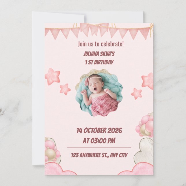 Invitation Anniversaire Rose pour Enfants (Devant)