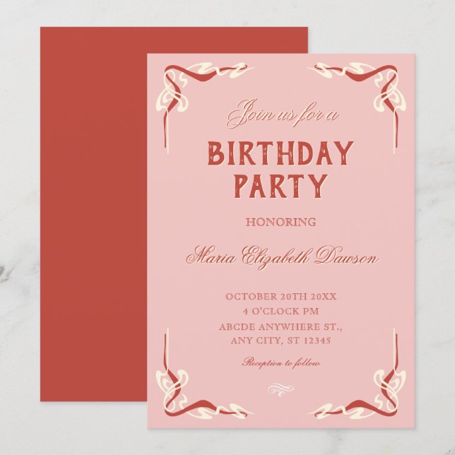 Invitation Anniversaire rose rétro vintage (Devant / Derrière)