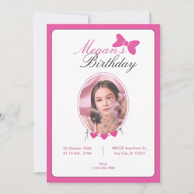 Invitation Anniversaire rose ruban (Devant)