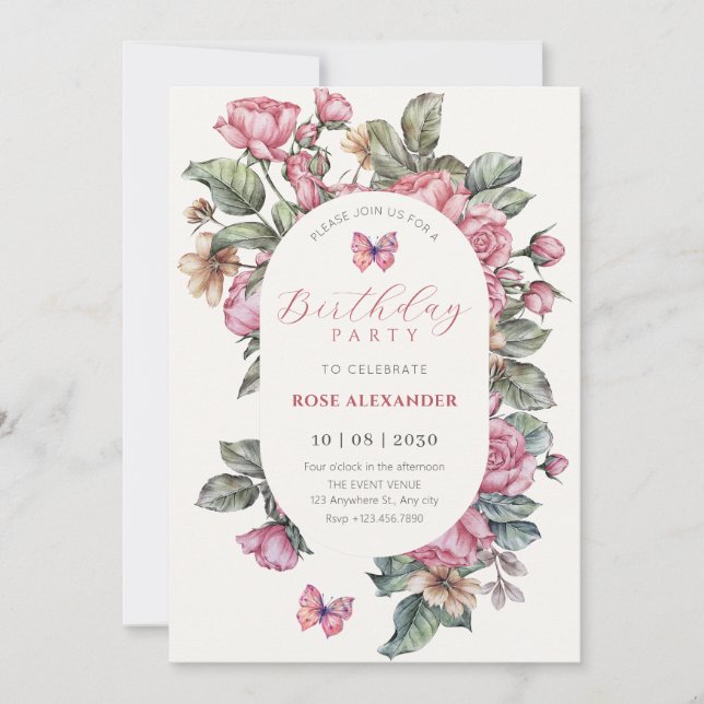 Invitation Anniversaire rose rustique rose (Devant)
