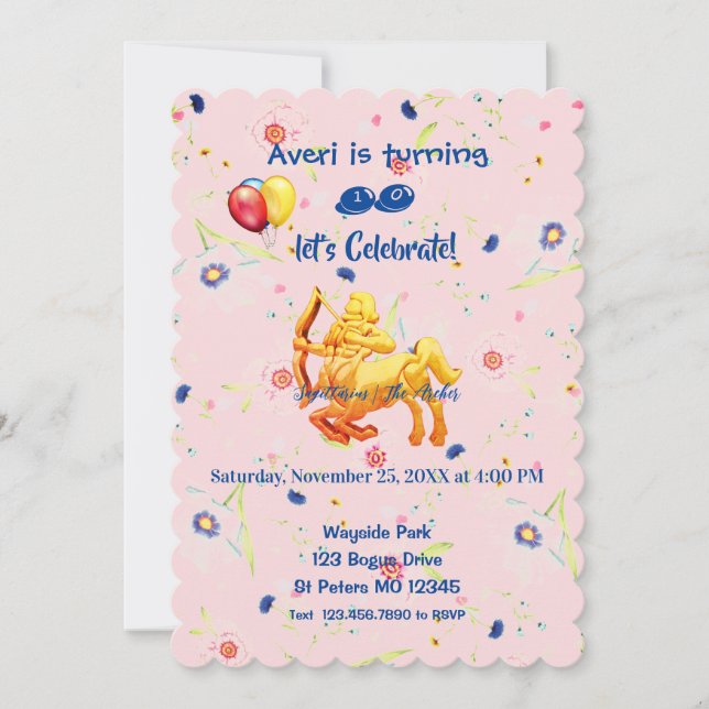 Invitation Anniversaire rose Sagittaire (Devant)