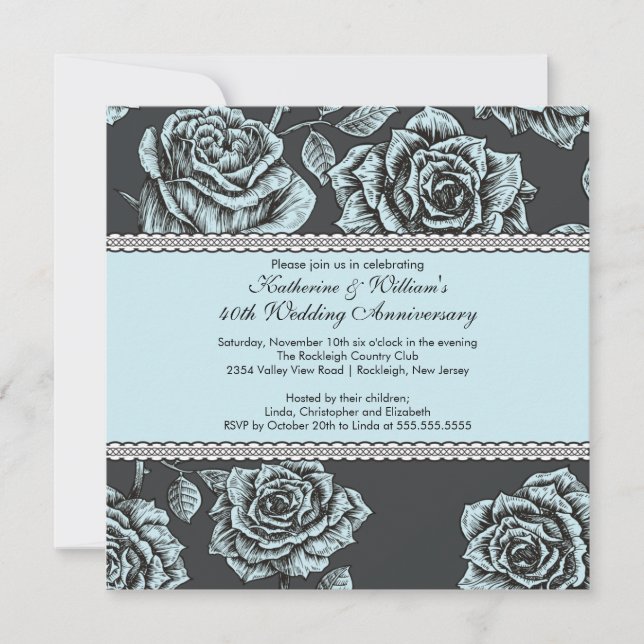 Invitation Anniversaire Rose Vintage Noir Bleu (Devant)