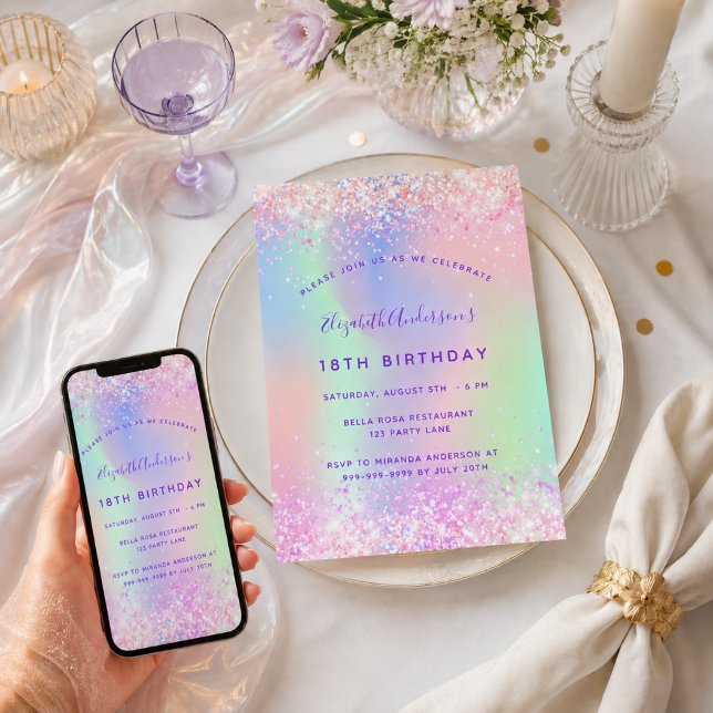 Invitation Anniversaire rose violet holographique (Créateur téléchargé)