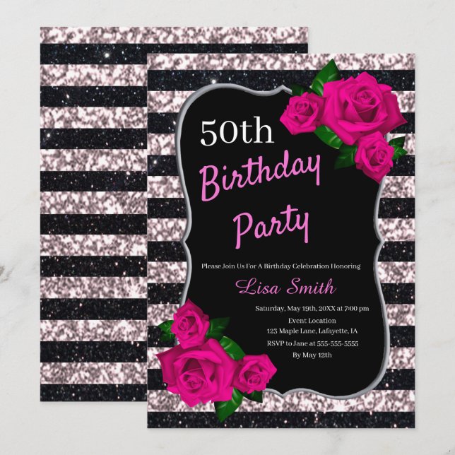 Invitation Anniversaire Roses roses noires roses Parties scin (Devant / Derrière)