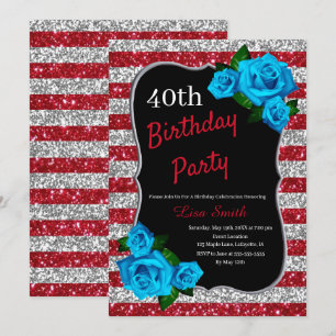 Invitation Anniversaire Rouge Argent Parties scintillant Bleu