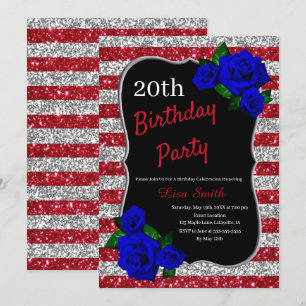 Invitation Anniversaire Rouge Argent Parties scintillant Bleu