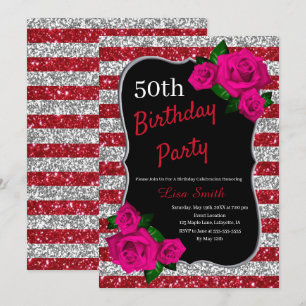 Invitation Anniversaire Rouge Argent Parties scintillant Rose