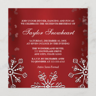 INVITATION ANNIVERSAIRE ROUGE DE SWEET SIXTEEN DE FLOCON DE