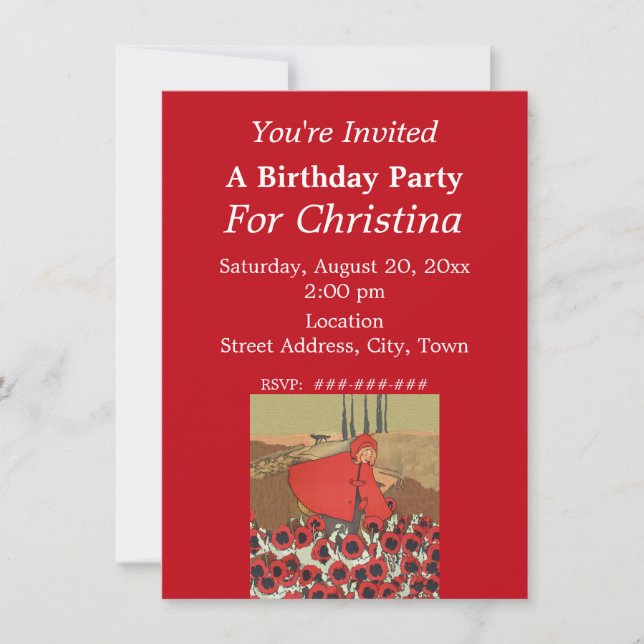 Invitation Anniversaire Rouge équitation Hood cueillette Fleu (Devant)