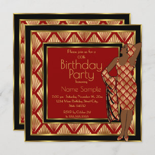 Invitation Anniversaire Rouge Noir Or Art Déco 1930 Dame