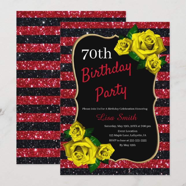 Invitation Anniversaire Rouge Noir Parties scintillant Roses  (Devant / Derrière)
