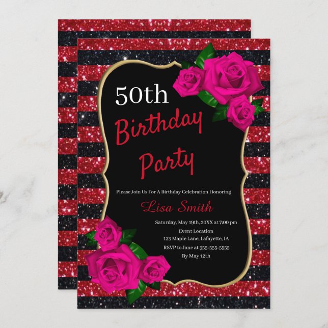 Invitation Anniversaire Rouge noir Parties scintillant Roses  (Devant / Derrière)
