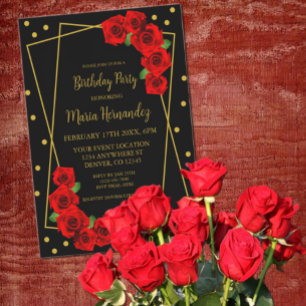 Invitation Anniversaire rouge rose noire et or