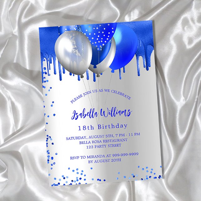 Invitation Anniversaire royal bleu argent ballons luxe (Créateur téléchargé)