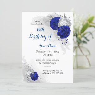 Invitation anniversaire royal bleu argent floral