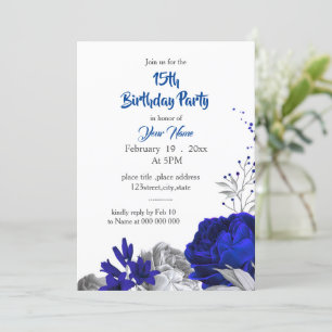 Invitation anniversaire royal bleu argent floral