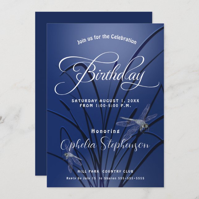 Invitation Anniversaire Royal Blue Dragonfly (Devant / Derrière)