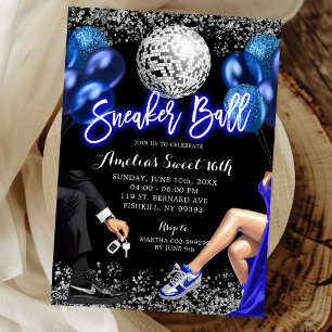 Invitation Anniversaire Royal Blue et Argent Disco Sneaker Ba