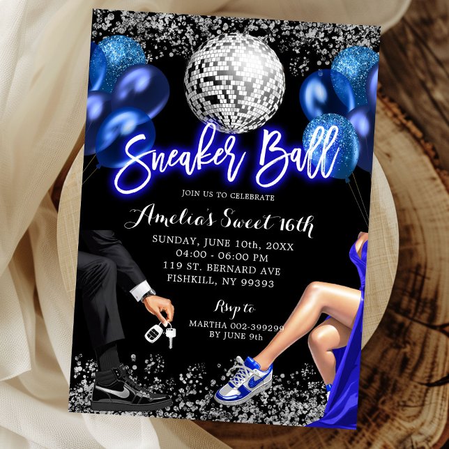 Invitation Anniversaire Royal Blue et Argent Disco Sneaker Ba (Créateur téléchargé)