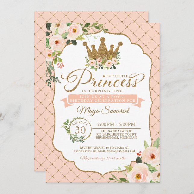 Invitation Anniversaire royal de Little Princess Blush Floral (Devant / Derrière)