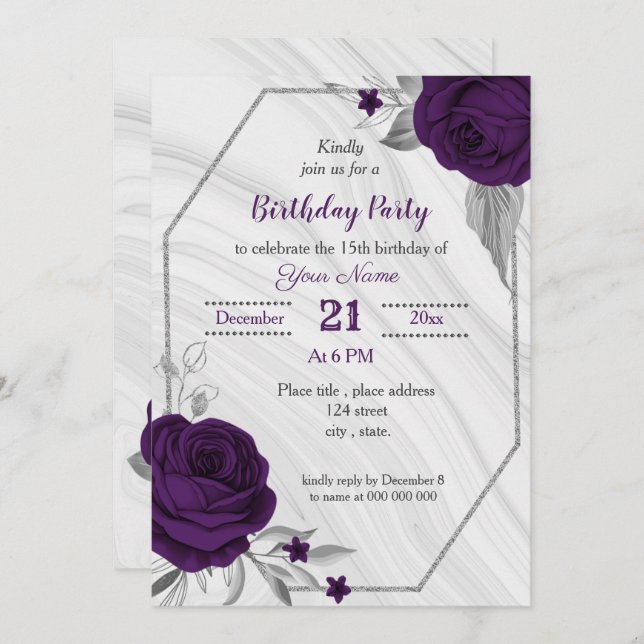 Invitation anniversaire royal violet argent floral géométriqu (Devant / Derrière)