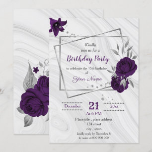 Invitation anniversaire royal violet argent floral géométriqu