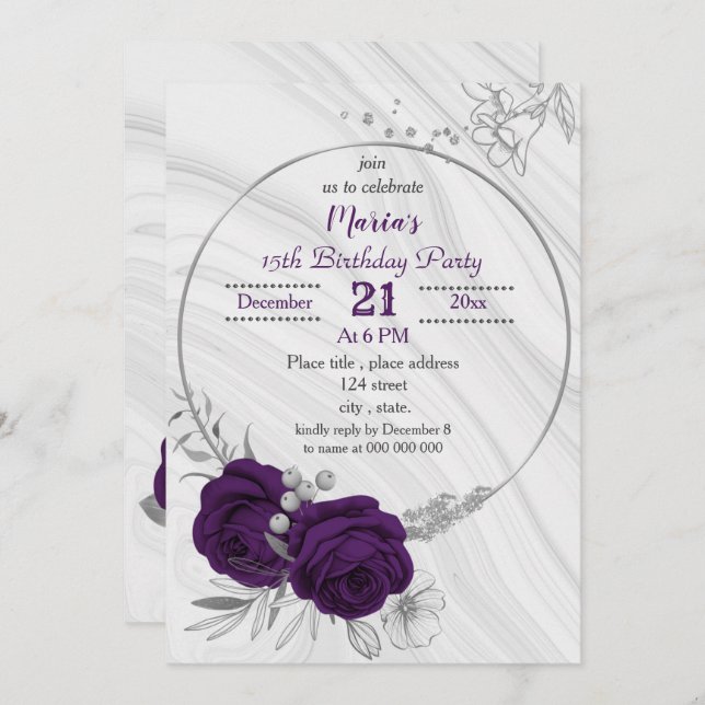 Invitation anniversaire royal violet argent floral géométriqu (Devant / Derrière)