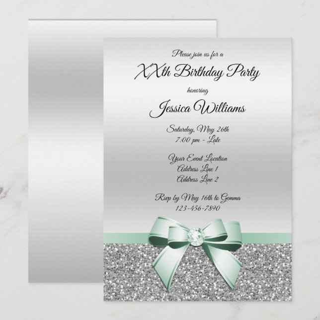 Invitation Anniversaire Ruban Menthe & Paillettes Argentées (Devant / Derrière)