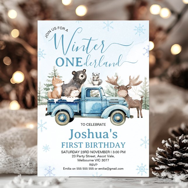 Invitation Anniversaire Rustique Camion Bleu Hiver Onederland (Winter Onederland Birthday Invitation, Winter Onederland - 1st Birthday Invitation Template, Blue)