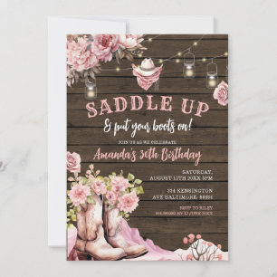 Invitation Anniversaire rustique en bois floral rose de cowgi