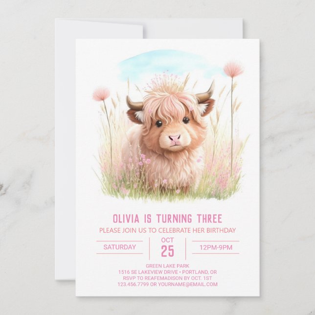 Invitation Anniversaire Rustique Highland Cow Rose (Devant)