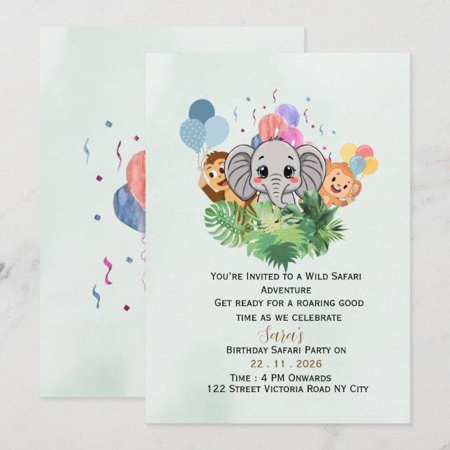 Invitation anniversaire Safari Enfants Editable  (Devant / Derrière)