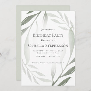 Invitation Anniversaire   Sage Vert Olive Branche Aquarelle